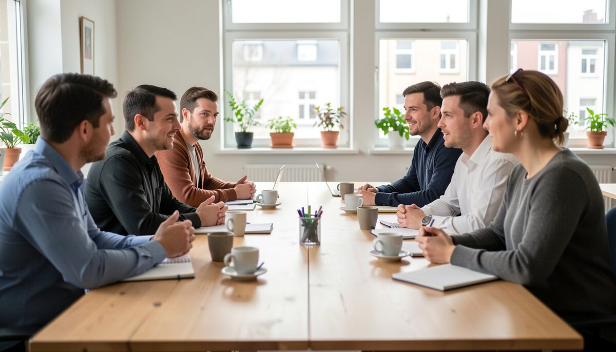 Analysts in a bright Berlin office debating around a long wooden table with coffee cups and empty notebooks.