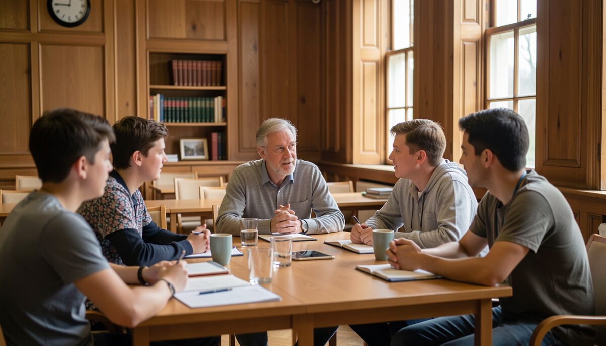 Students and a lecturer in discussion inside a wood panelled university seminar room with daylight.