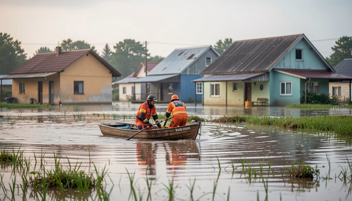 Rescue workers guiding a small boat through flooded fields past half submerged houses after rain.