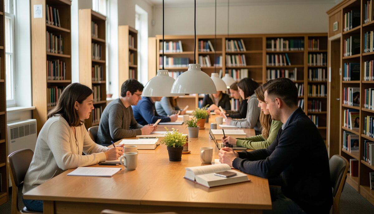 Quiet university library reading room with students in discussion at long wooden desks under lamps.