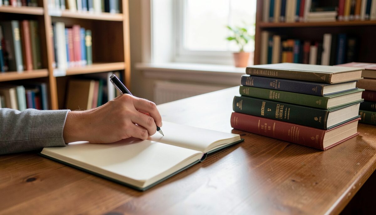 Reviewer writing in a blank notebook at a wooden library desk beside stacked books with covers turned away.