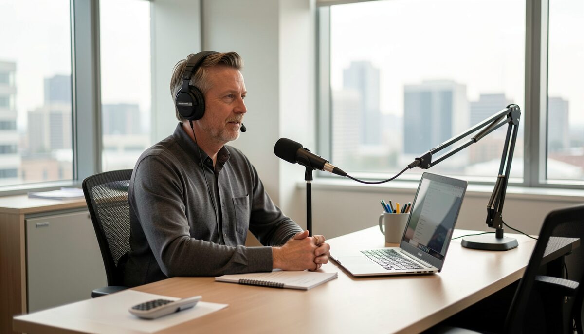 Early morning newsroom with an analyst wearing headphones at a tidy desk with a microphone.