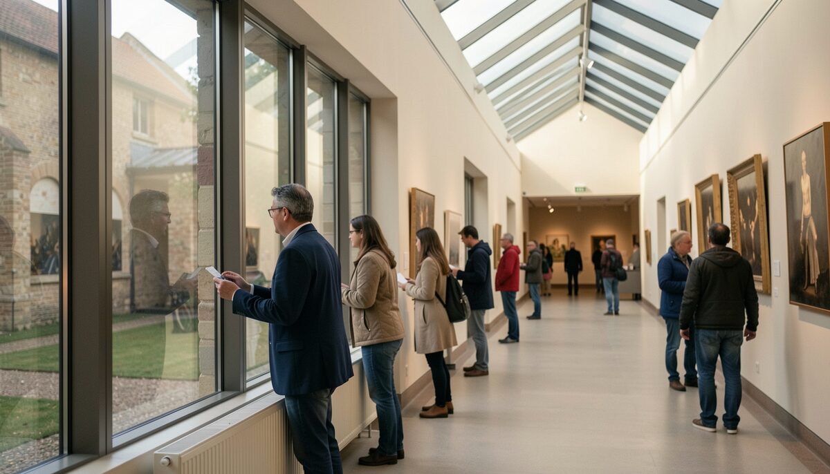 Visitors looking out of large panoramic windows in a quiet museum corridor lit by skylights.