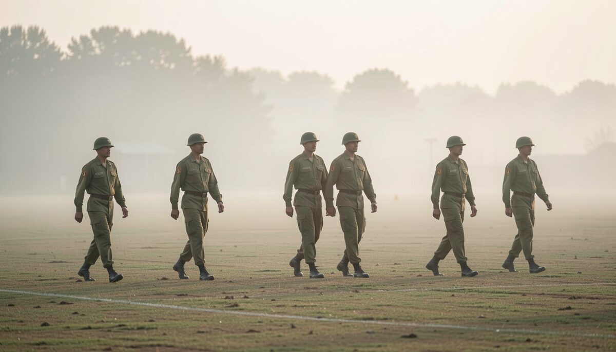 Soldiers in plain uniforms walking across a misty training field during a joint European exercise at dawn.