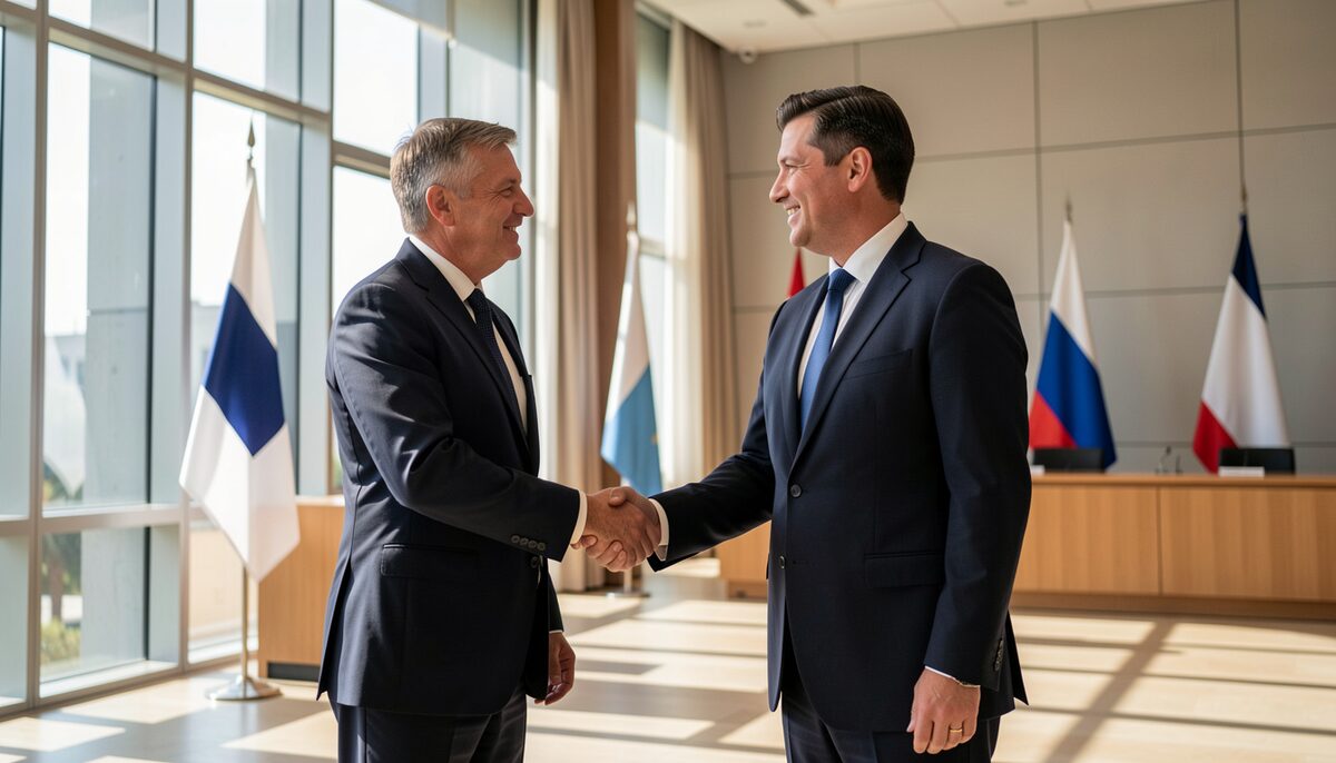 Two diplomats shaking hands in a spacious sunlit conference hall with tall windows and plain flags.