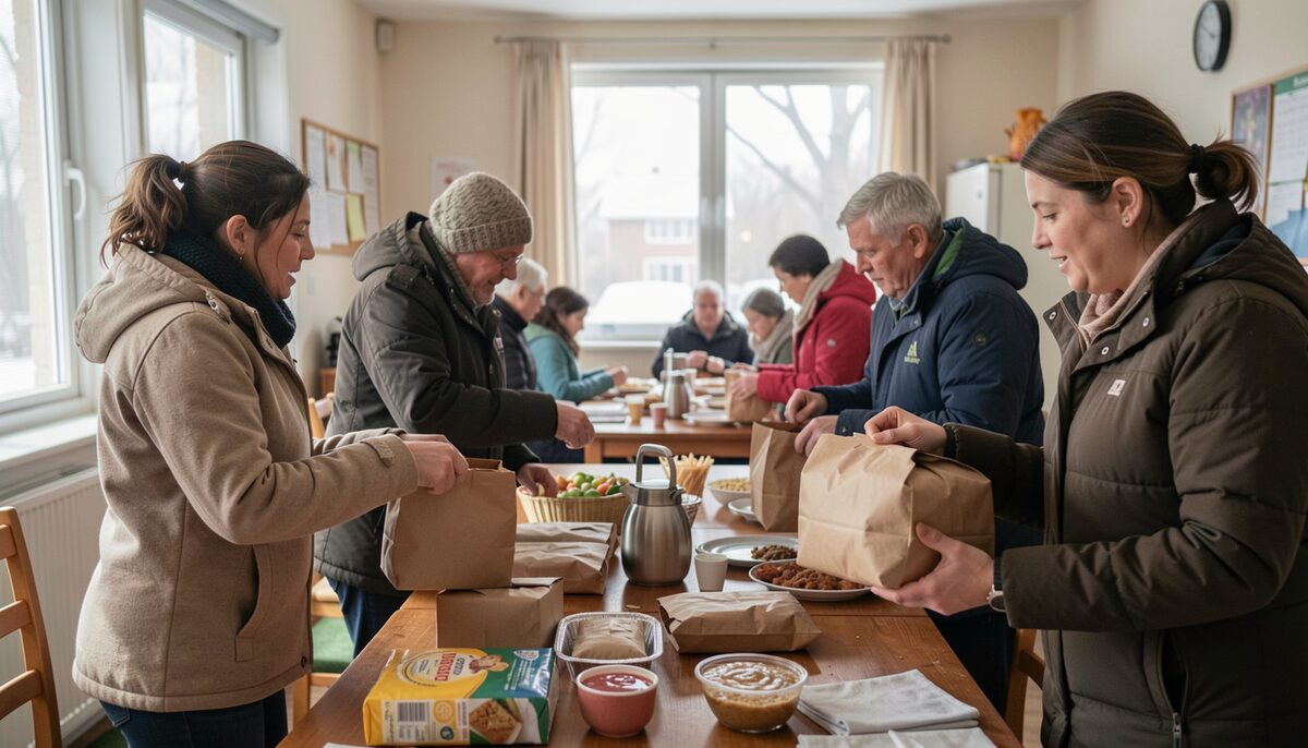 Volunteers handing plain food parcels to residents inside a community hall on a winter day.