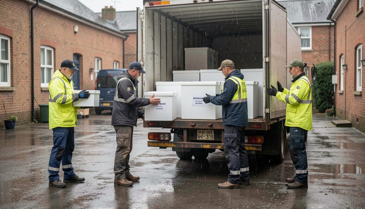 Aid workers and officers loading plain unmarked relief crates onto a truck in a rainy courtyard.