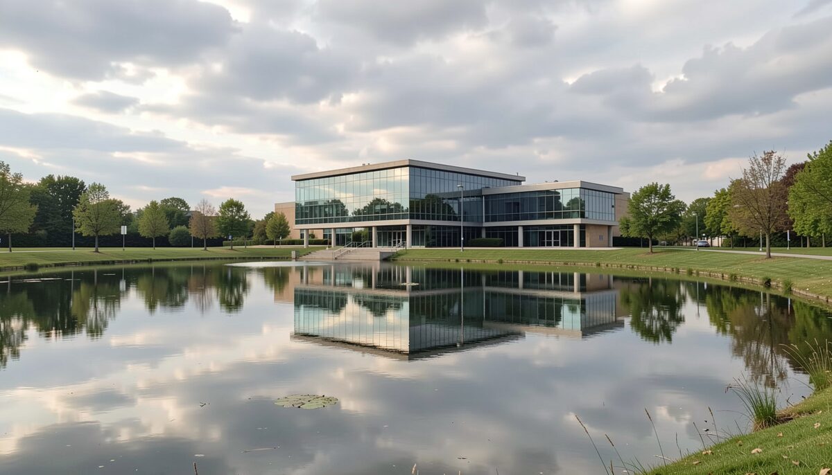 Exterior of a modern glass courthouse reflected in a calm pond under a cloudy sky.