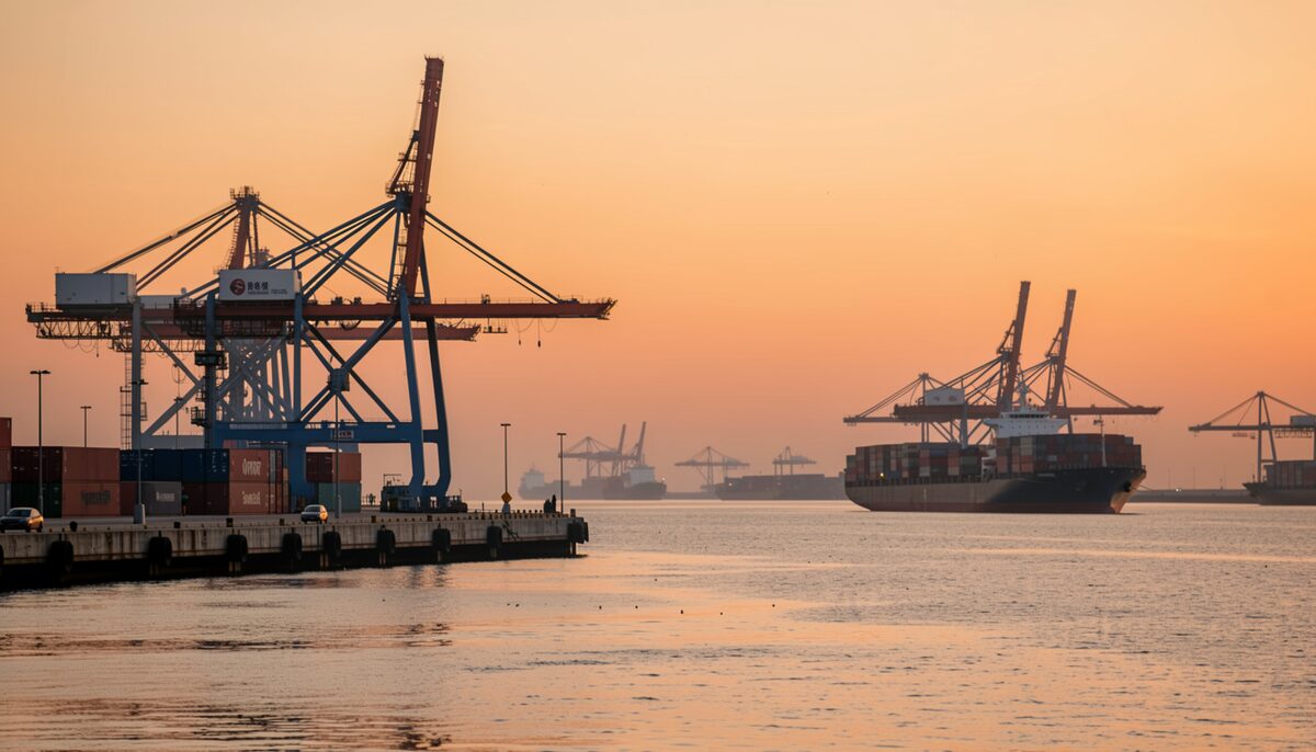 Harbour cranes silhouetted against an orange dusk sky with distant container ships on calm water.